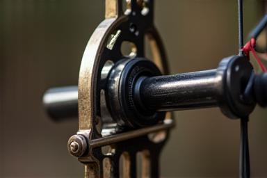 Close-up of archery equipment elements like string and sight