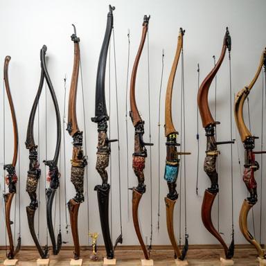 Collection of various archery bows including recurve and compound
