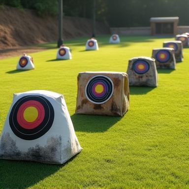 Various archery targets set up on a range