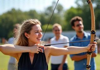 Team enjoying a corporate archery event outdoors