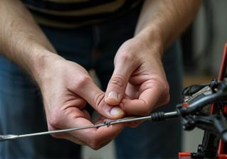 Technician meticulously tuning a compound bow